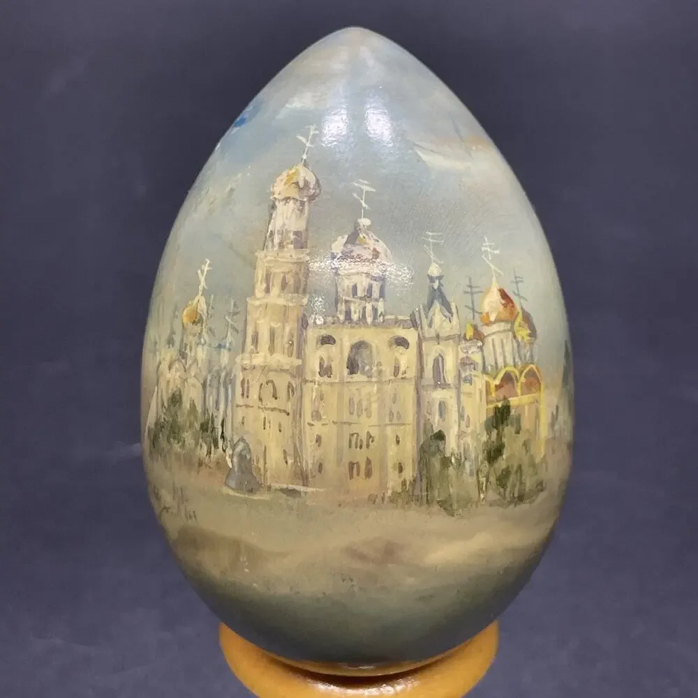Russian Hand Painted Lacquer Wooden Egg of Ivan the Great Bell Tower Signed 360